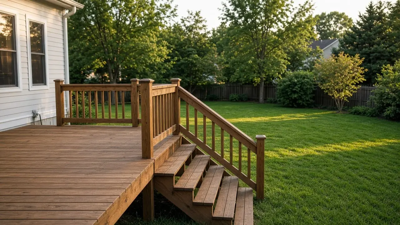 Wood deck stairs leading down to a backyard lawn