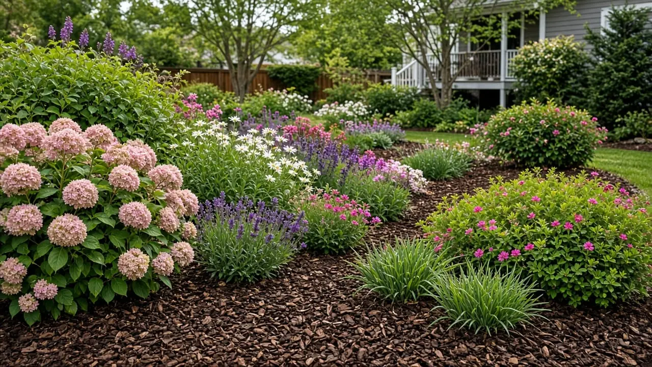 Landscaped flower beds topped with bark mulch