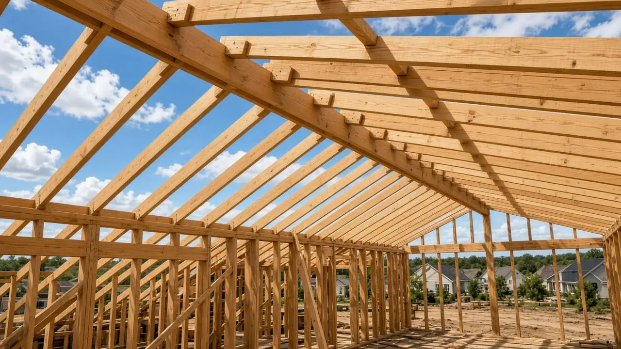 Exposed residential roof framing with common rafters
